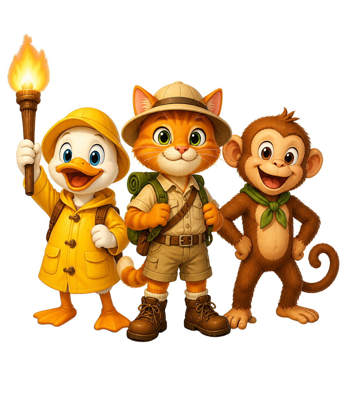 Darby Duck, Carl the Cat, and Melvin the Monkey standing together